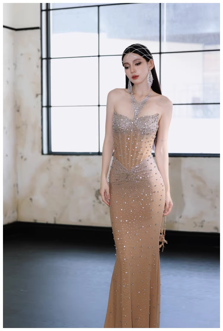 Sexy Strapless Chiffon Beaded Mermaid Long Evening Dress Party Gown