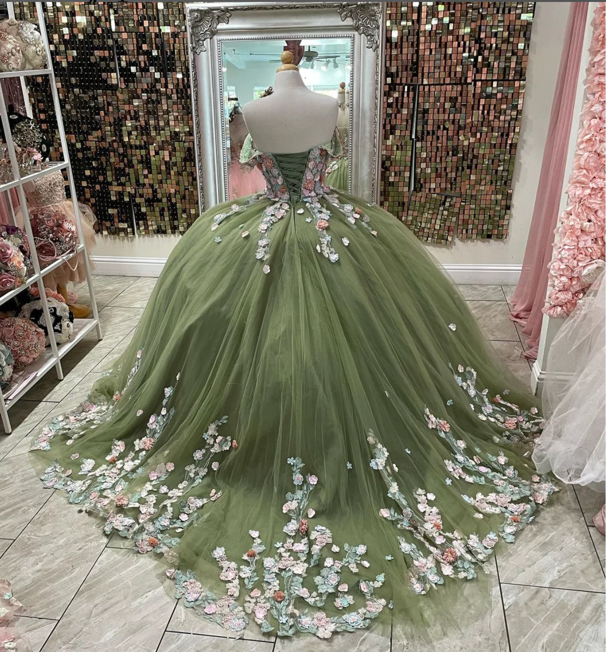 Off The Shoulder Tulle Ball Gown Sweet 16 Dress With Flowers