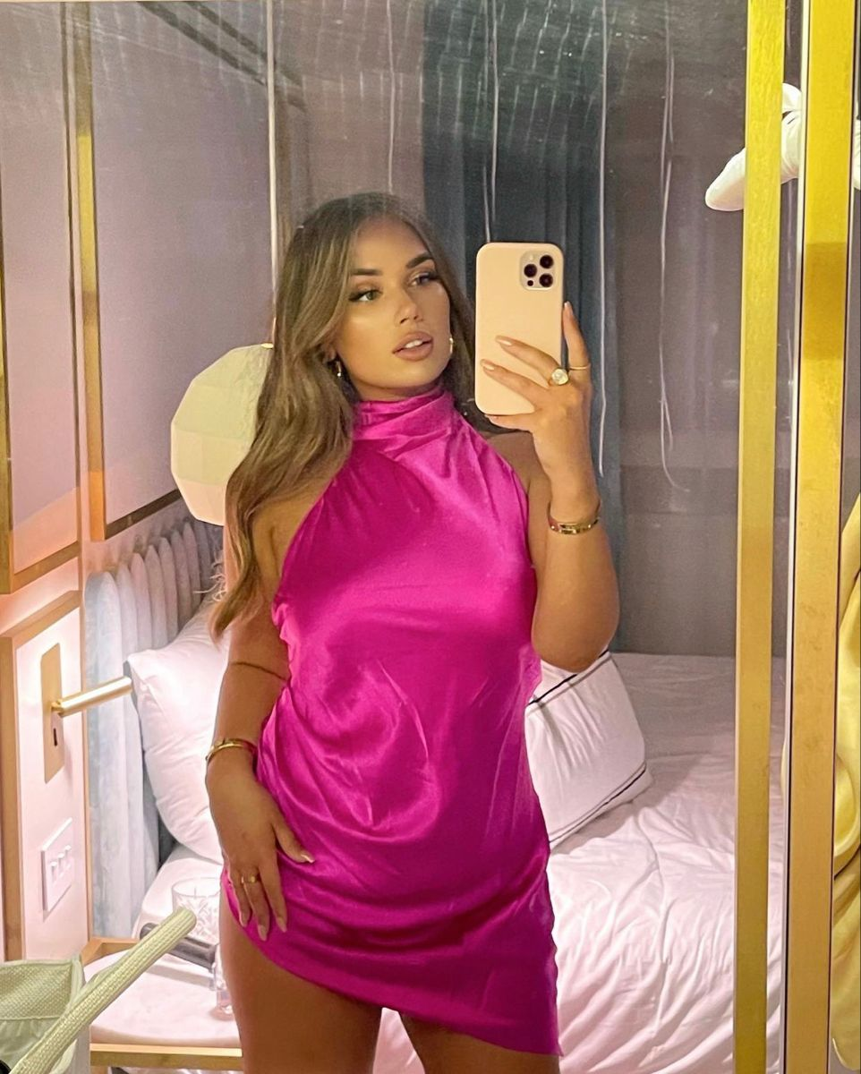 Sexy Halter Hot Pink Satin Sheath Birthday Dress Formal Short Homecoming Dress