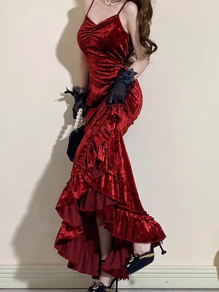 Vintage Mermaid Irregular Ruffled Spaghetti Straps Women's Burgundy Birthday Outfits Party Dresses