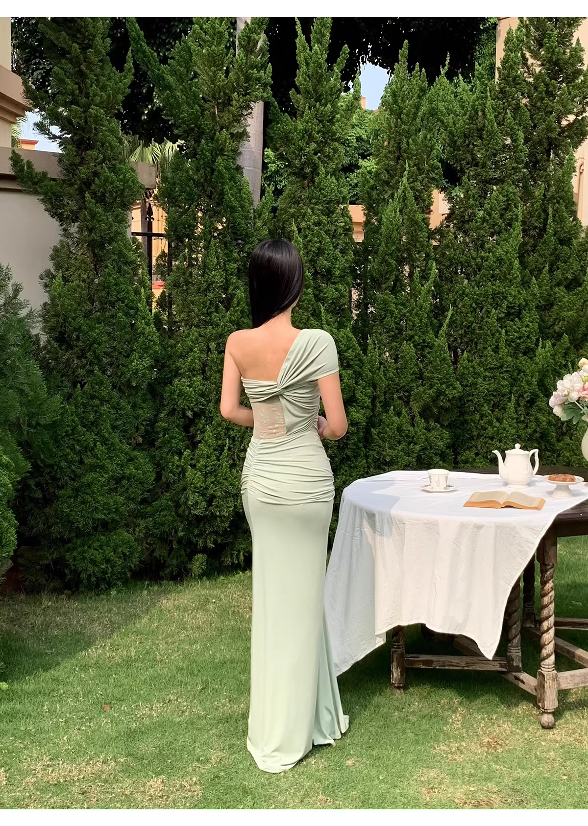Elegant Pea Green Shoulder Satin Lace Mermaid Long Wedding Guest Dress Formal Evening Dress Prom Dress