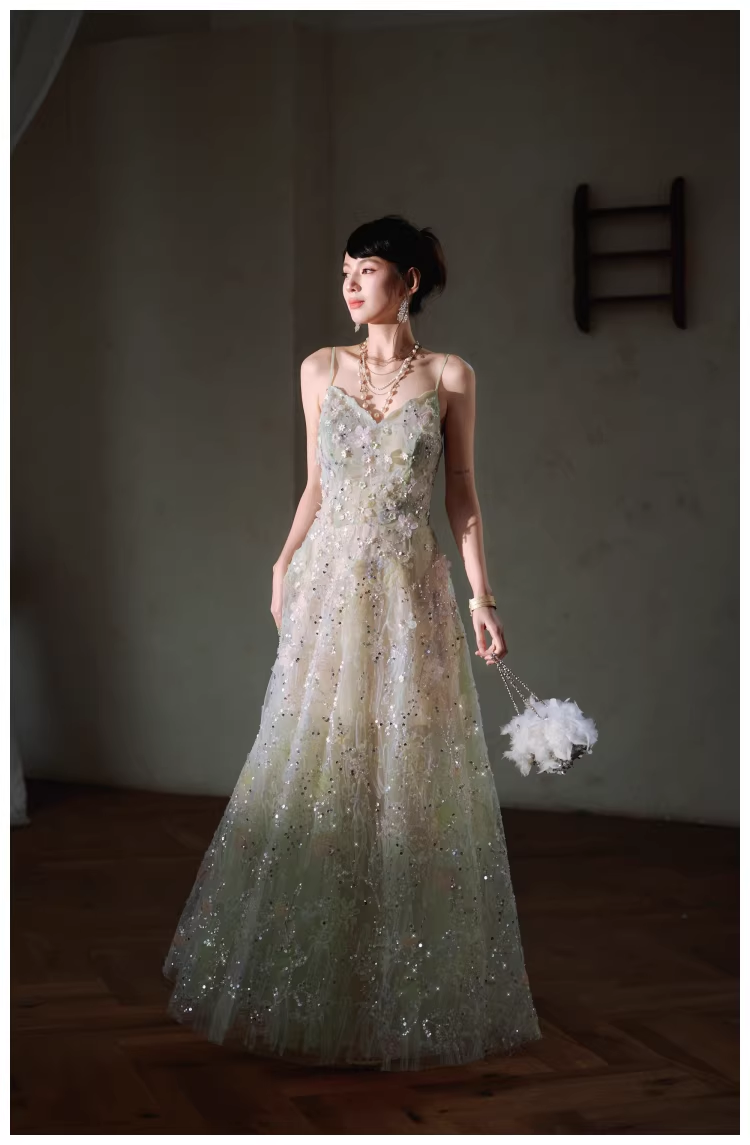 Pretty Spaghetti Straps Green Tulle Appliques A Line Long Birthday Prom Dress Evening Dress