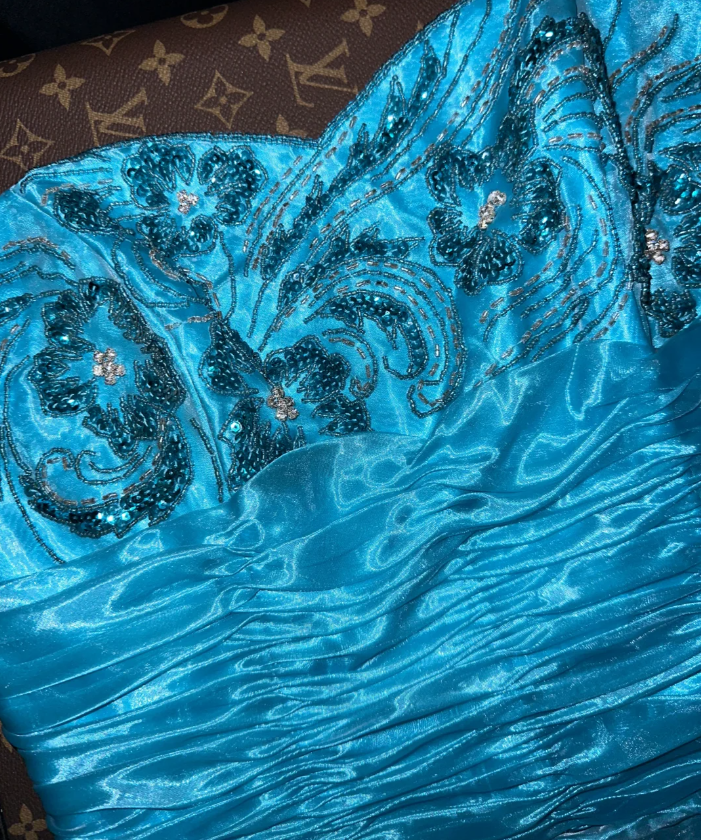 Elegant Strapless Satin Organza Beaded Mermaid Evening Dress Blue Long Party Gown
