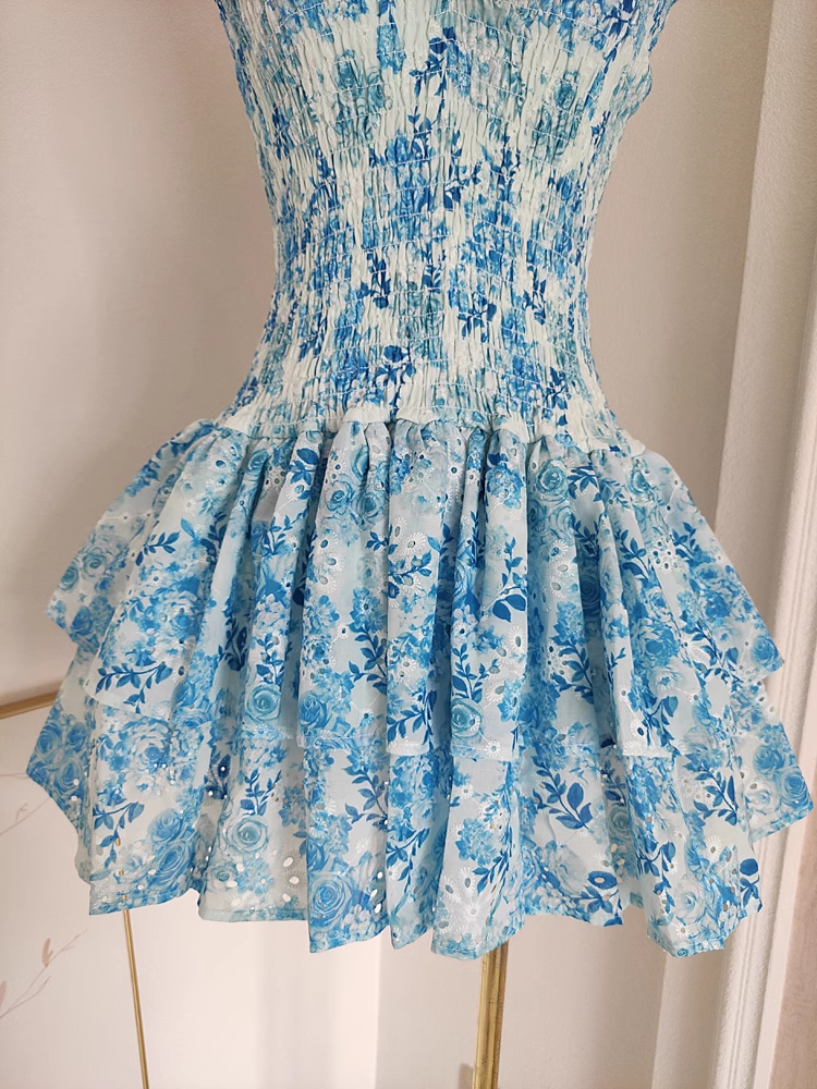 Cute A line Strapless Sleeveless Blue Floral Party Dress Short Birthday Outfits