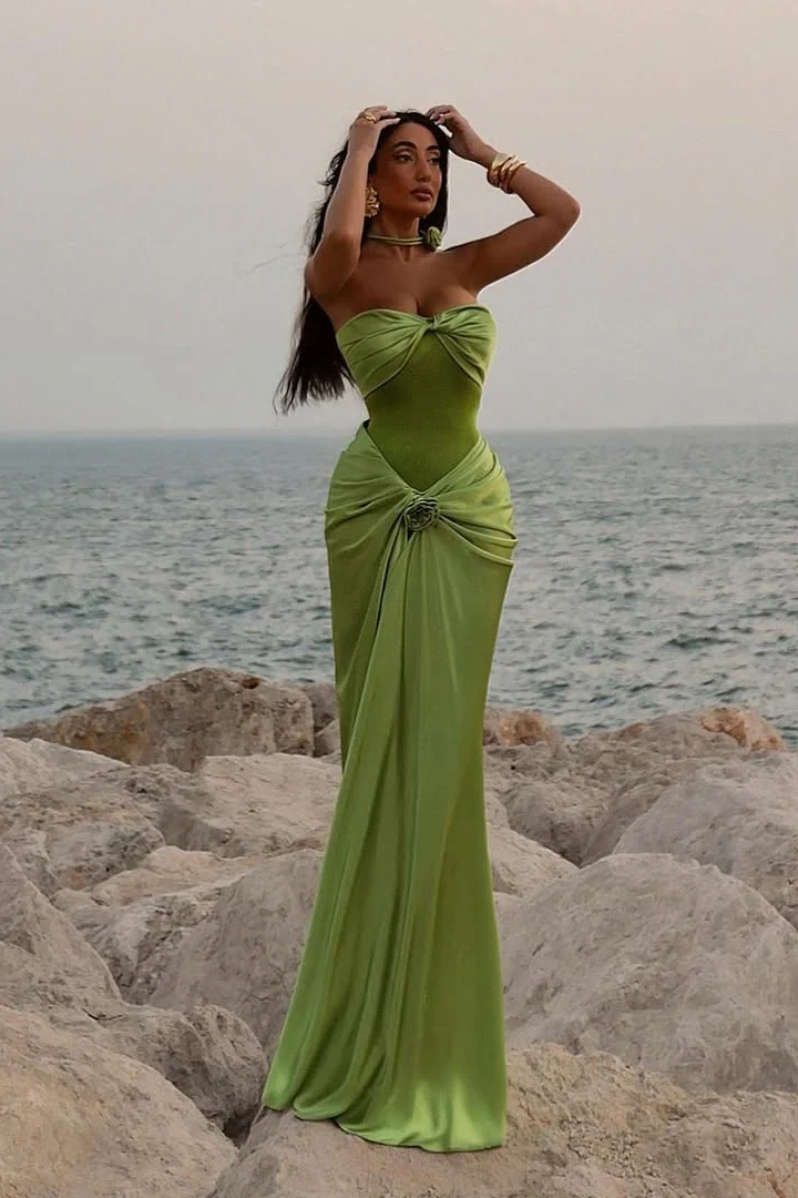 Modest Mermaid Sweetheart Sage Green Long Satin Prom Dresses Evening Dress
