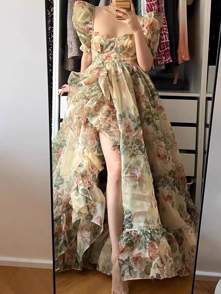 Chic Princess Square Neckline Floral Green Long Ruffles Prom Dresses Birthday Dress