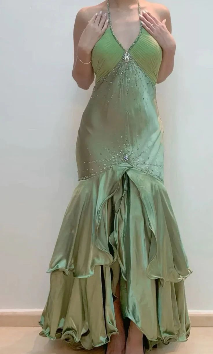 Vintage Sage Green Halter V Neck Satin Beaded Mermaid Prom Dress Long Evening Dress