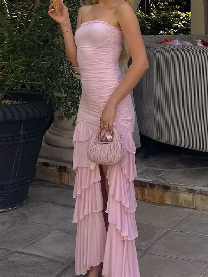 Sweet Pink Chiffon Strapless Evening Dress Multi-Layered Slit Prom Party Dress