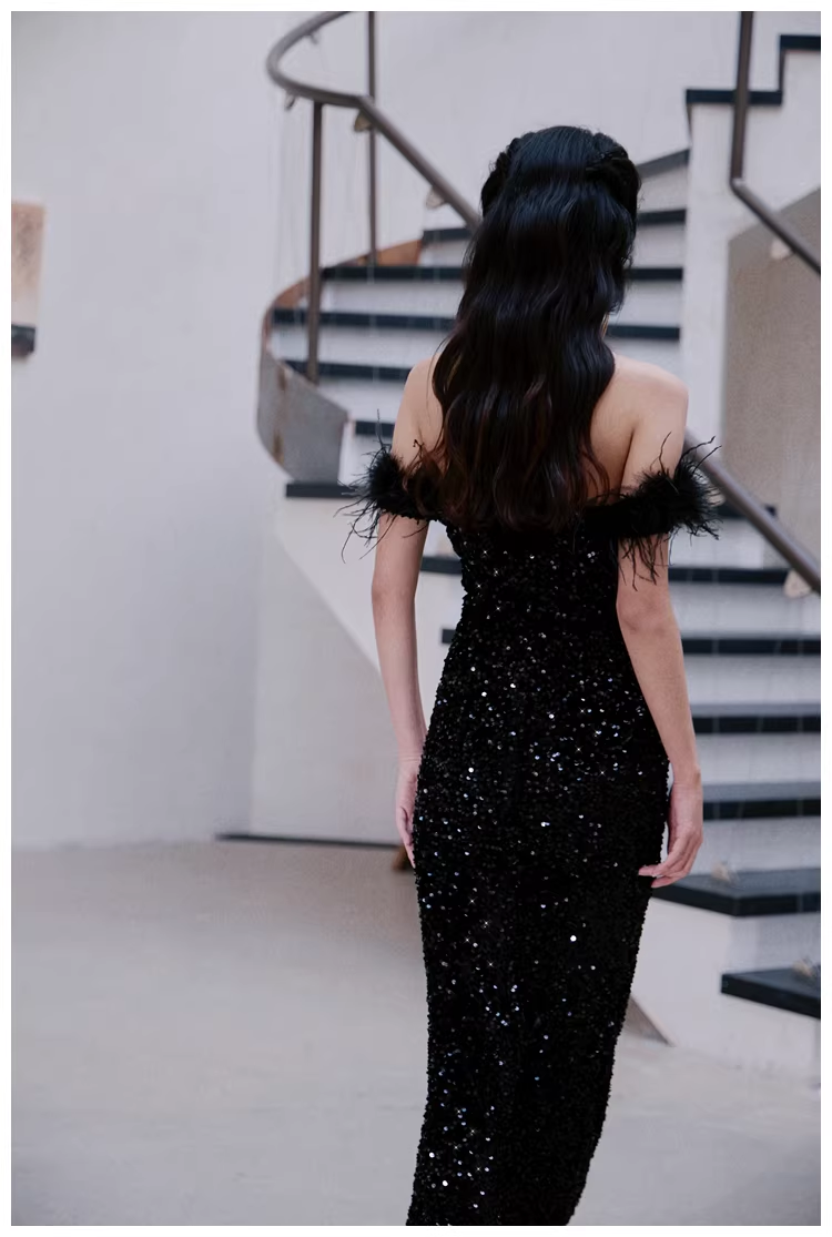 Glamorous Feathers Strapless Black Sequin Slit Mermaid Evening Dress Long Birthday Party Dress
