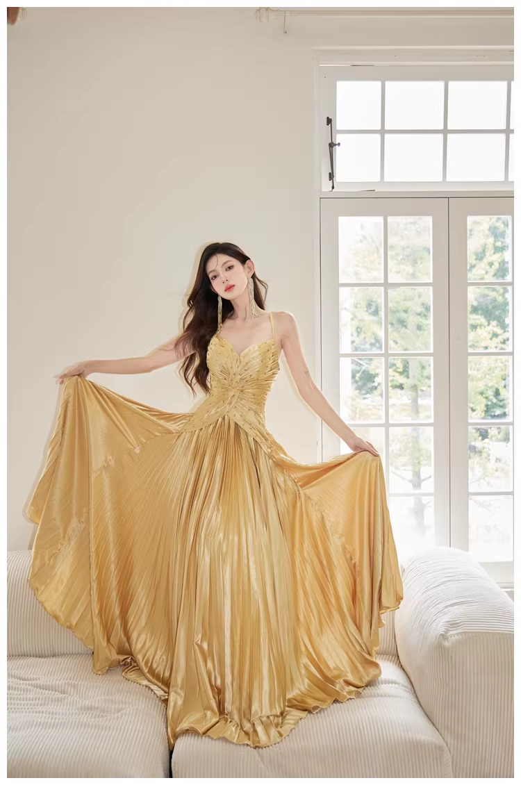 Gorgeous Spaghetti Straps Gold Satin Pleated Beaded A Line Long Evening Dress Birthday Dress