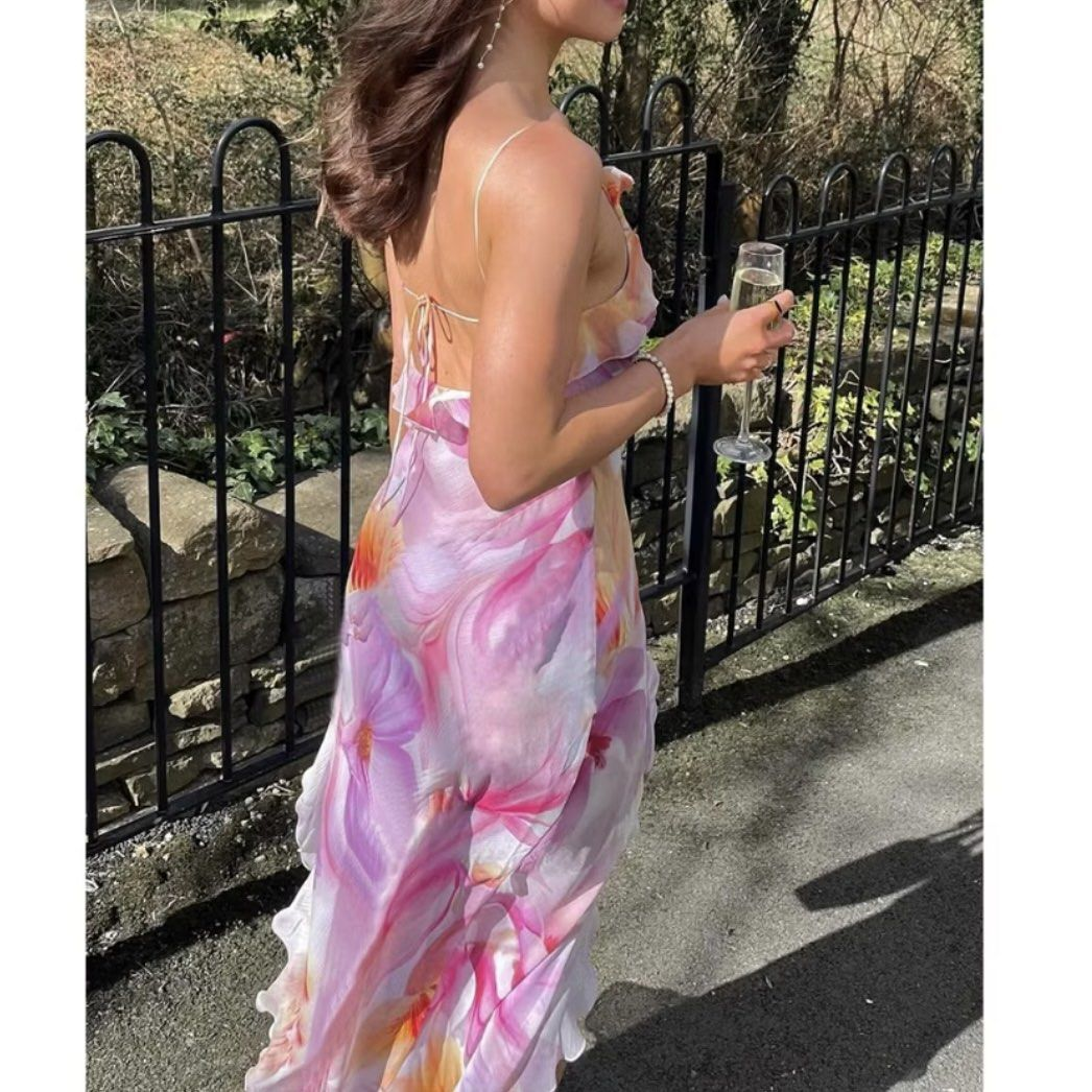 Beautiful Chiffon Print Floral Ruffles Evening Dress,Slit Long Prom Party Gown
