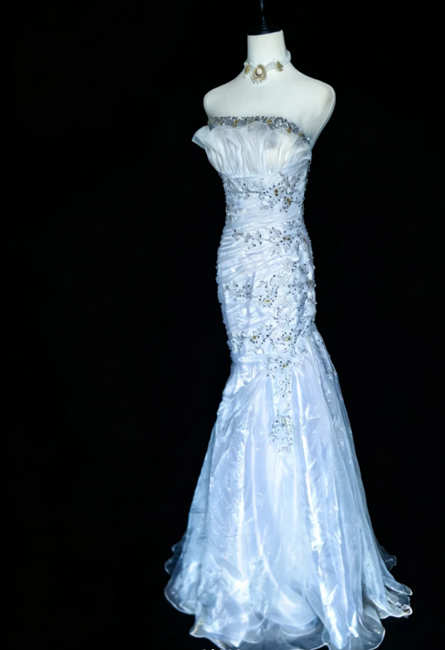 Elegant Strapless White Tulle Beaded Mermaid Long Party Dress Birthday Prom Dress