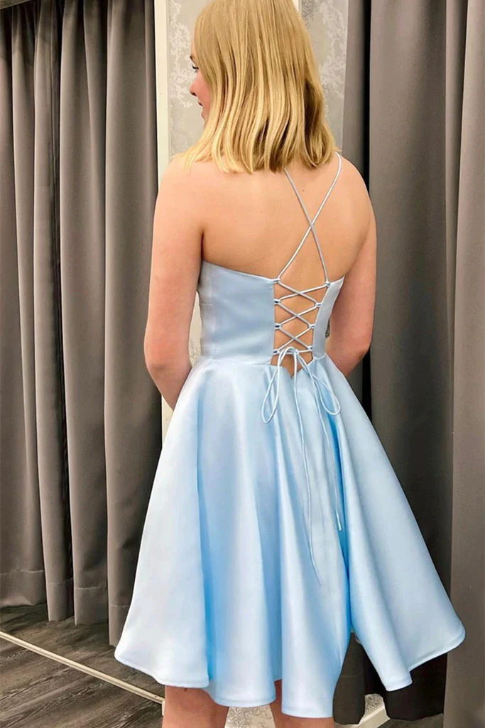 Cute Backless Short Light Blue Satin Homecoming Dress