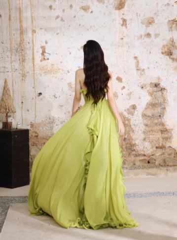 Pretty Green Strapless Chiffon Ruffled Long Evening Dress Birthday Dress
