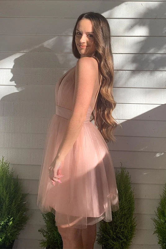 Tulle Short Pink Deep V Neck Backless Homecoming Dress