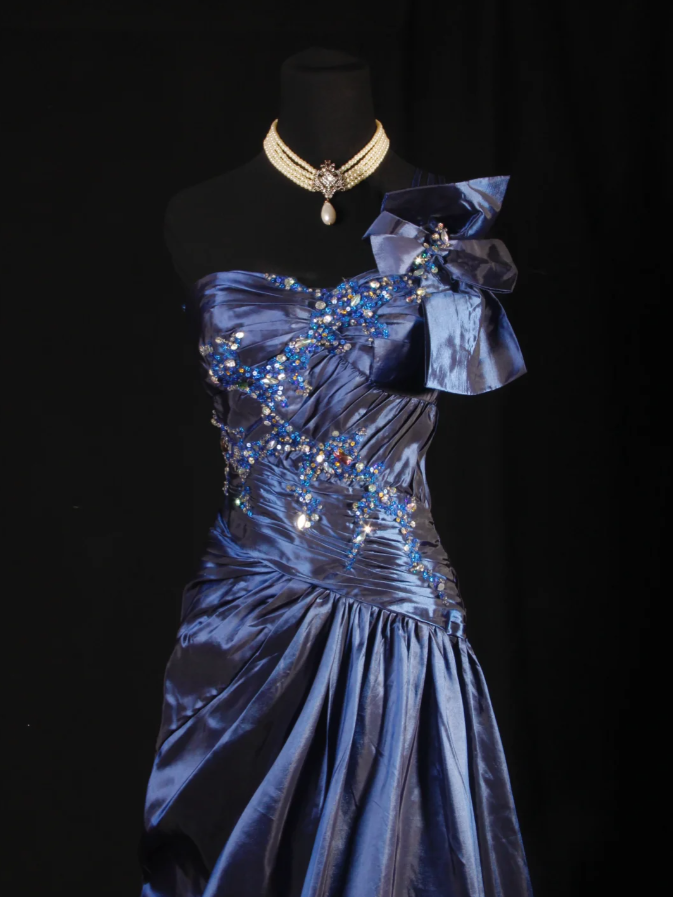 Elegant One Shoulder Satin Pleated Beaded Mermaid Evening Dress Navy Blue Long Party Dress