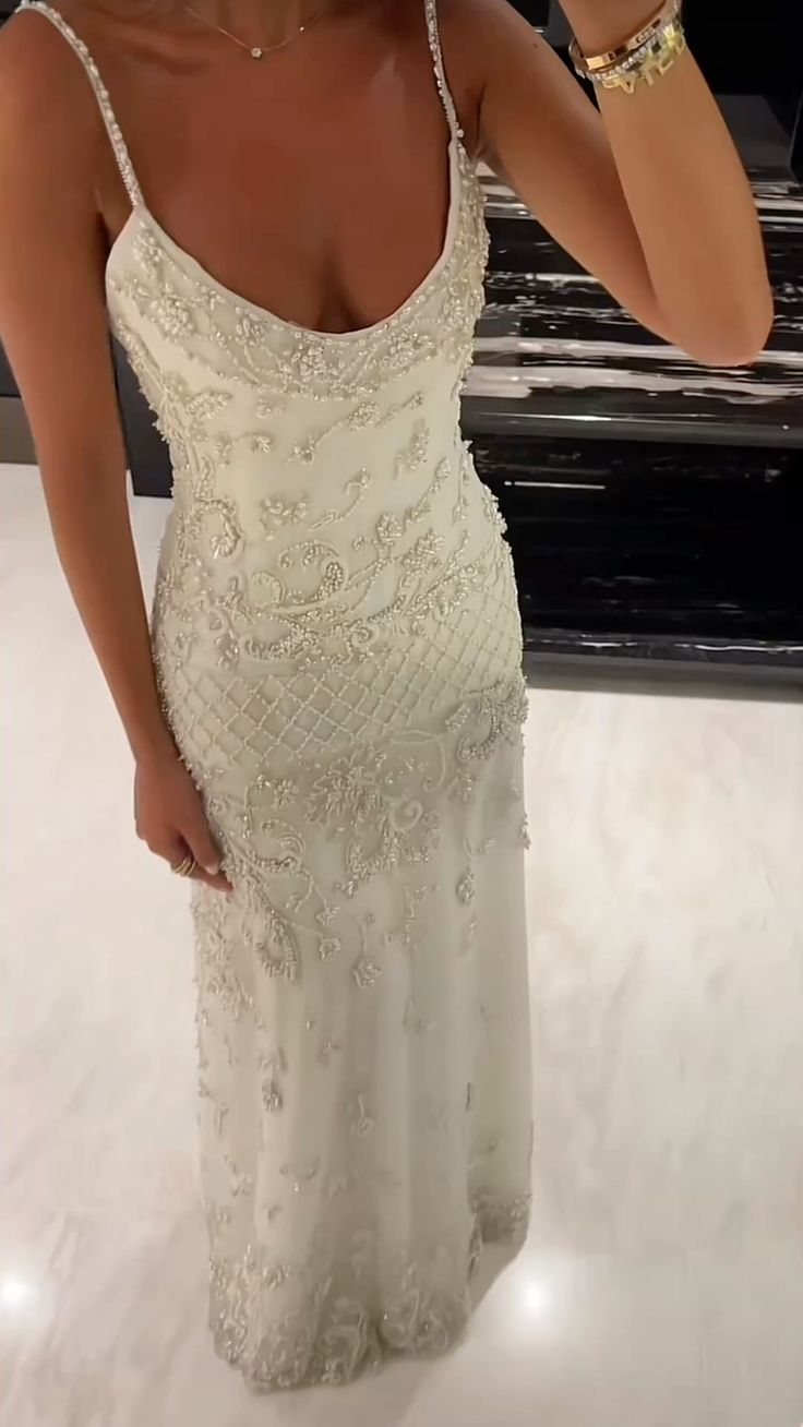 Elegant Spaghetti Straps Satin Tulle Beaded Long Party Dress Evening Dress