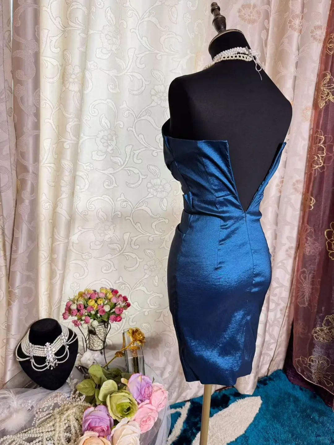 Vintage Strapless Blue Satin Sheath Homecoming Dress Cocktail Dress