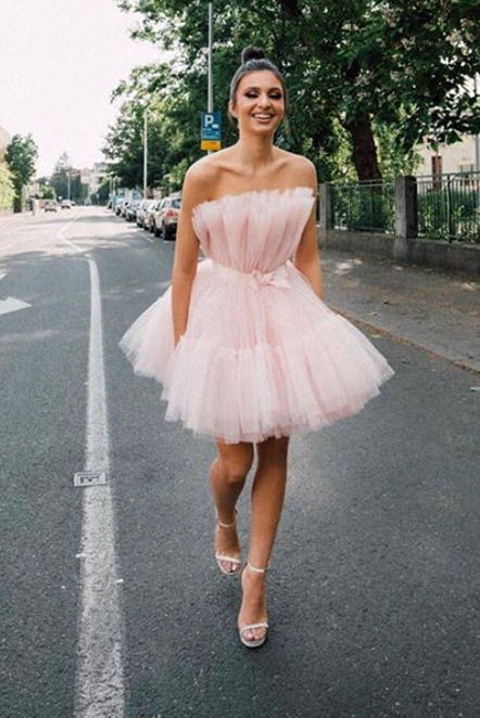 Strapless Pink Tulle Short Homecoming Dress, Princess Sleeveless Party Dress