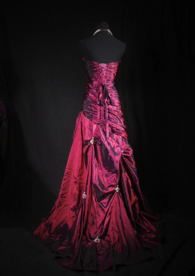 Retro Burgundy Strapless Satin Pleated Mermaid Long Party Dress Birthday Dress With Beads