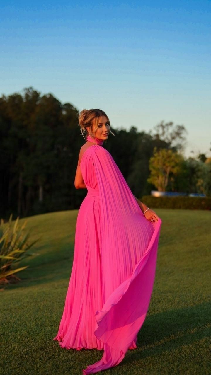 Elegant One Shoulder Evening Dress Women Pleated Chiffon High Neck A Line Floor Length Party Formal Occasion Prom Gown