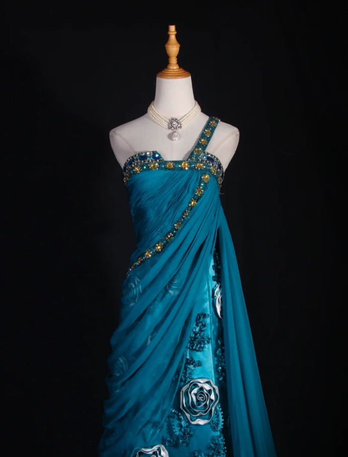 Vintage Blue One Shoulder Satin Beaded Mermaid Evening Dress Long Party Dress With Florals