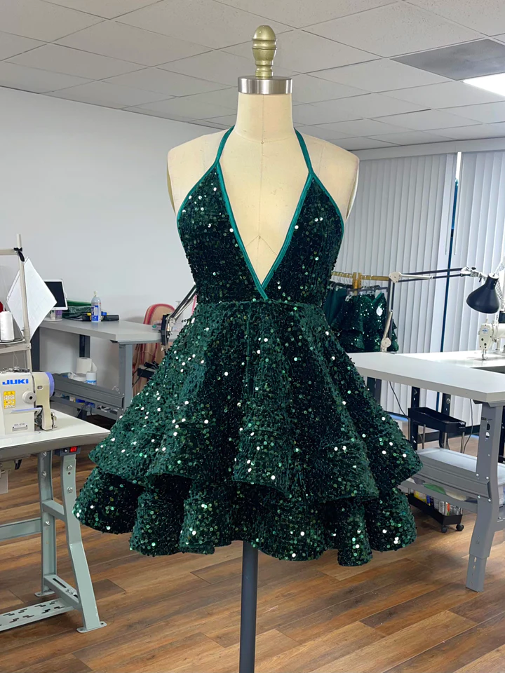 Sequin Party Dress V Neck Ruffle Mini Dress Custom Back to School Dress