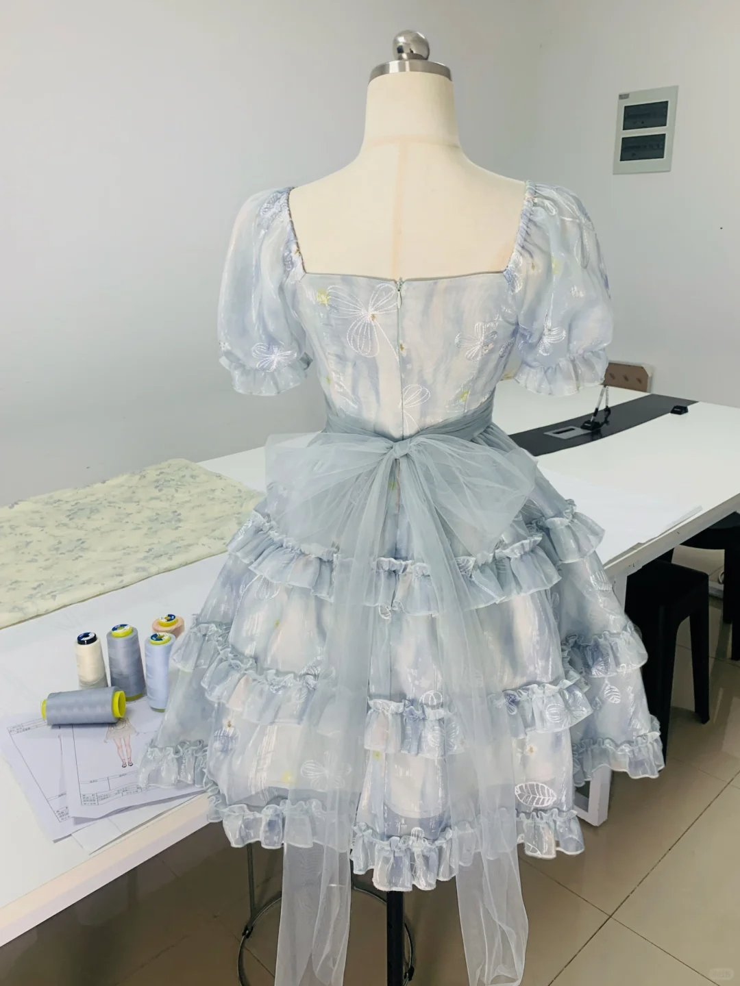 Cute Blue Square Neck Chiffon Print Floral Ruffles A Line Homeocming Dress Princess Bithday Outfits