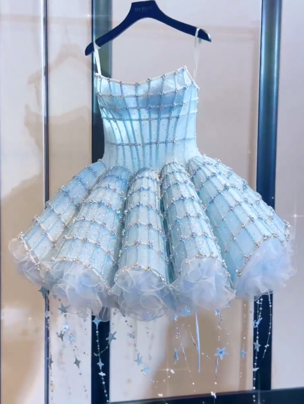 Classy Blue Strapless Tulle Beaded A Line Princess Birthday Dress Formal Homecoming Dress