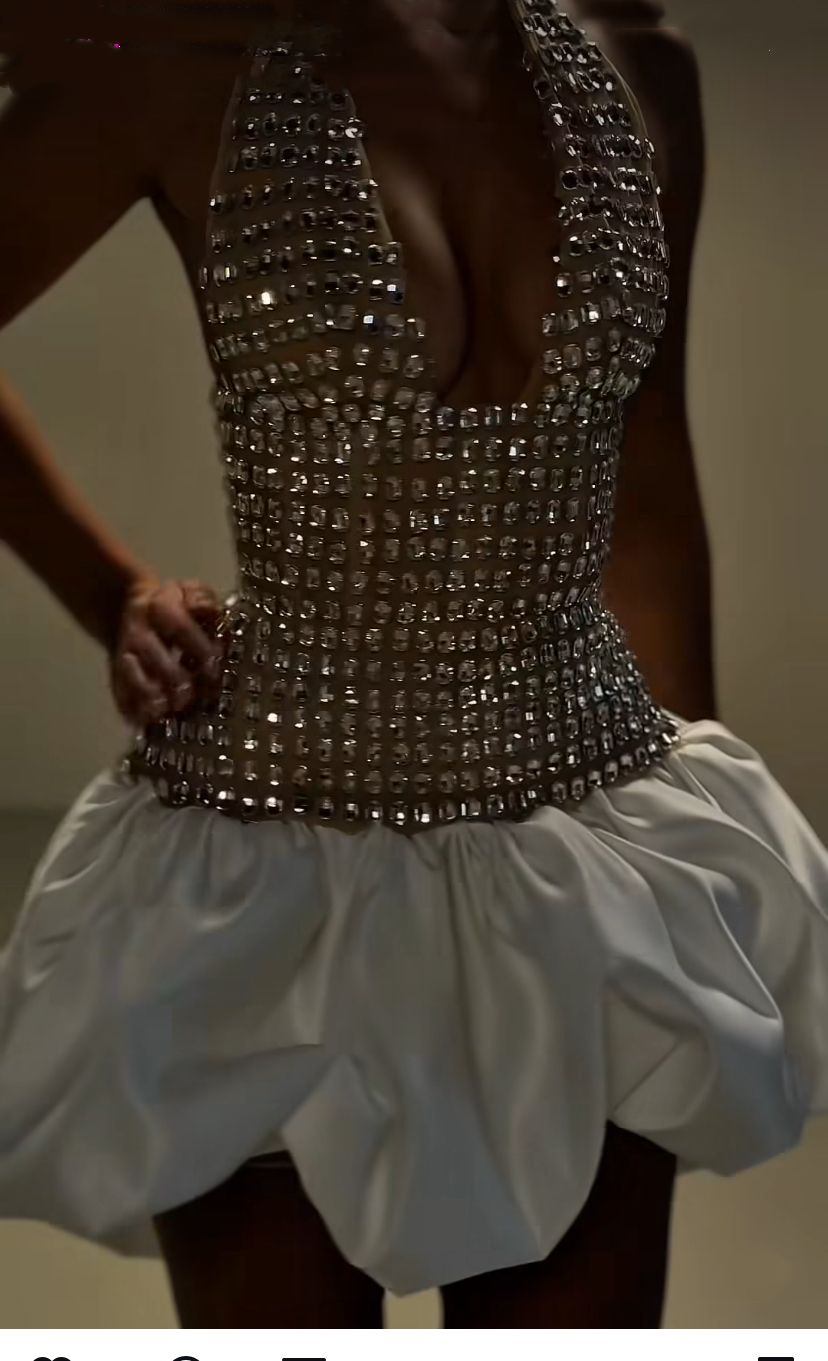 Gorgeous V Neck Halter White Satin Beaded Short 8th Grade Homecoming Dress Sexy Cocktail Dress