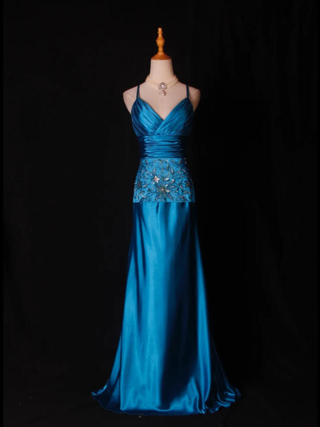 Stylish Spaghetti Straps Blue V Neck Satin Beaded Mermaid Long Evening Dress Birthday Dress