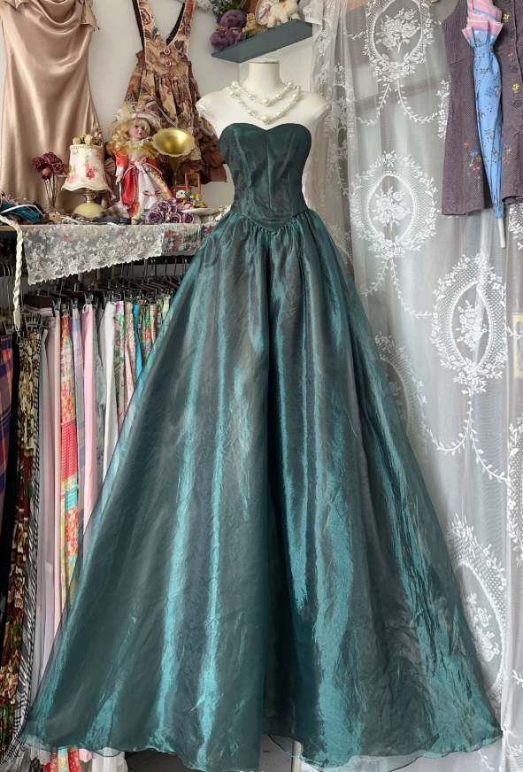 Vintage Strapless Dark Green Organza Ball Gown Long Evening Dress