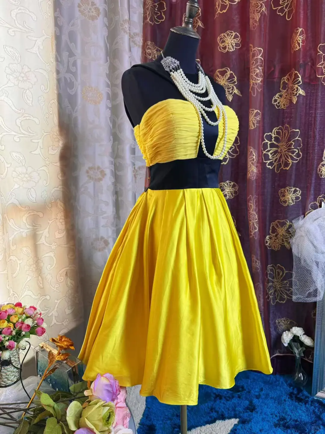 Fashion Yellow Black Splicing A Line Short Party Dress Formal Graduation Homecoming Dress