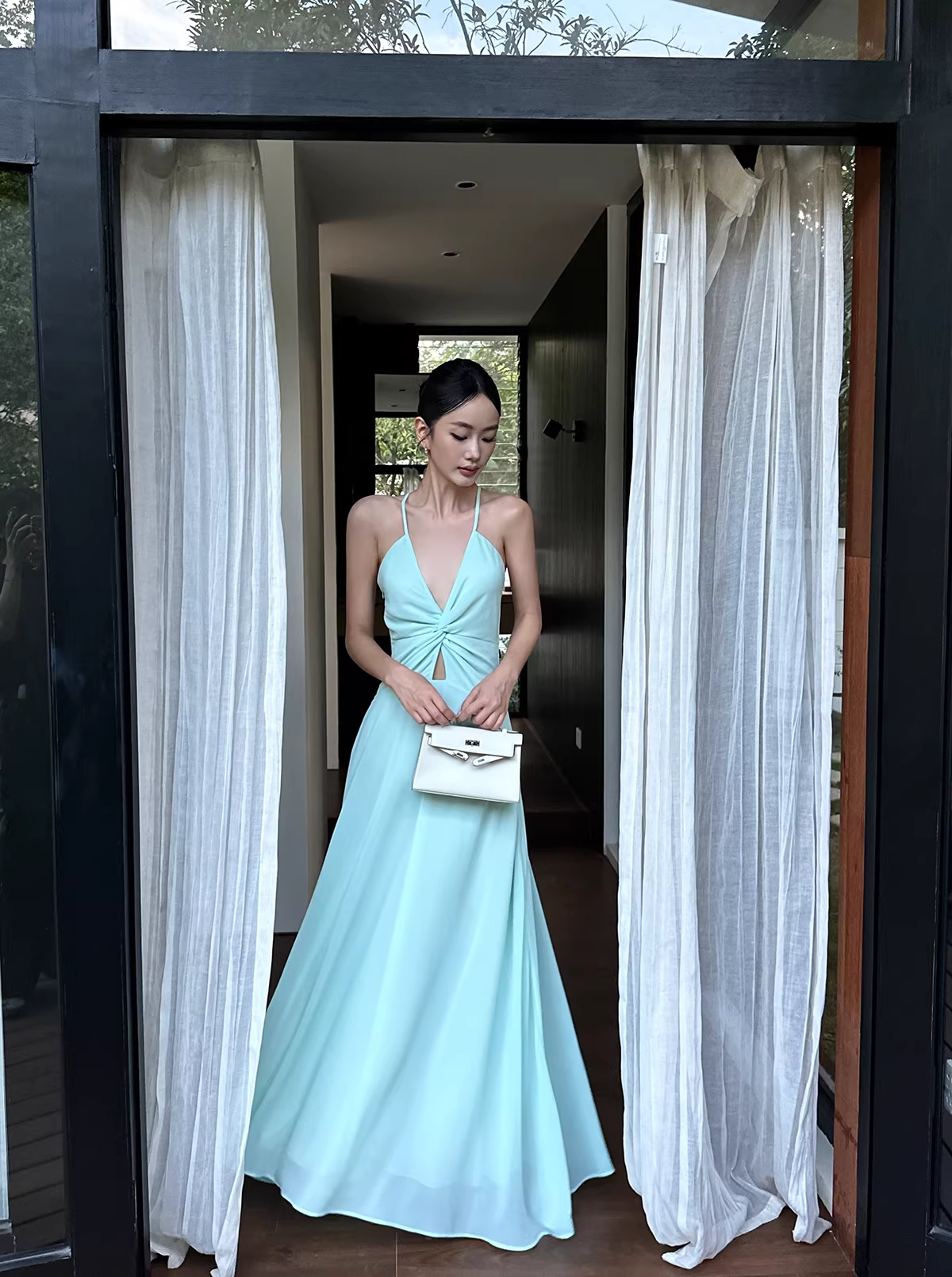 Simple Spaghetti Straps V Neck Green Chiffon A Line Long Party Dress Evening Dress