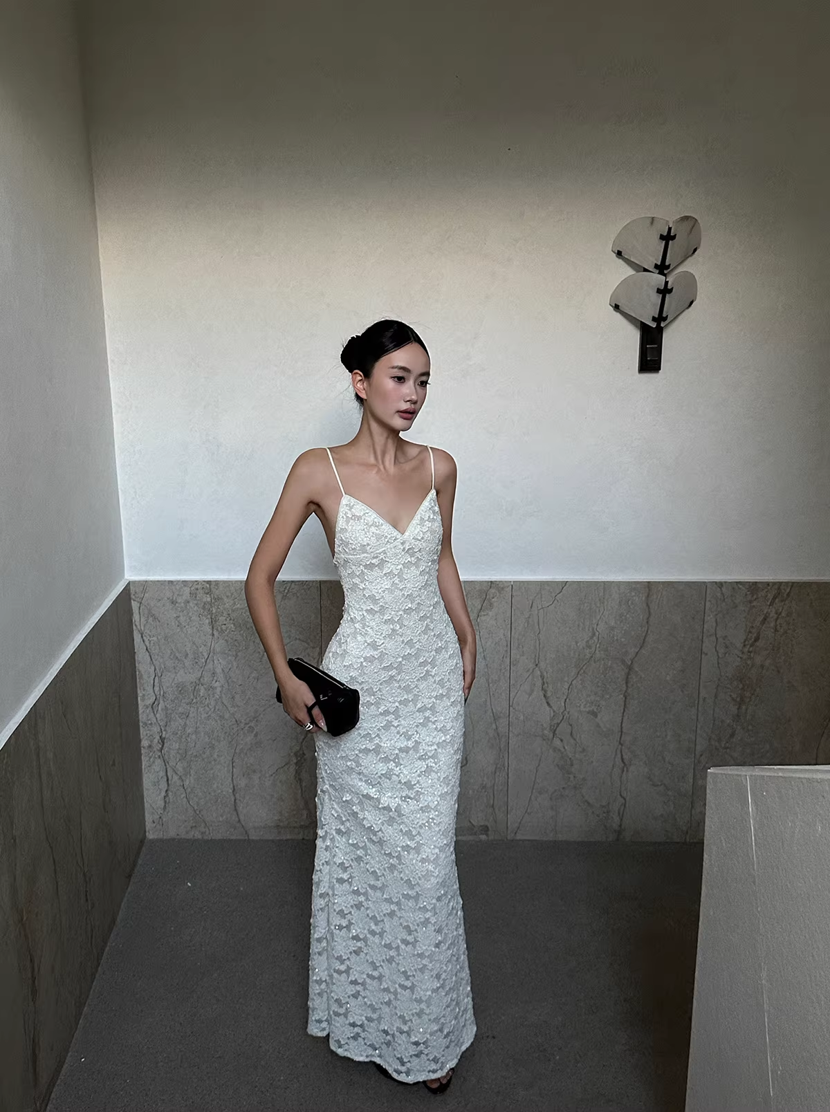 Pretty Spaghetti Straps V Neck Off White Lace Sequin Mermaid Long Evening Dress Formal Wedding Guest Dress