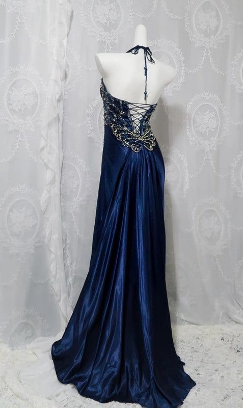 Gorgeous Navy Blue Halter Beaded Satin Memiad Prom Dress Fashion Slit Party Prom Dress