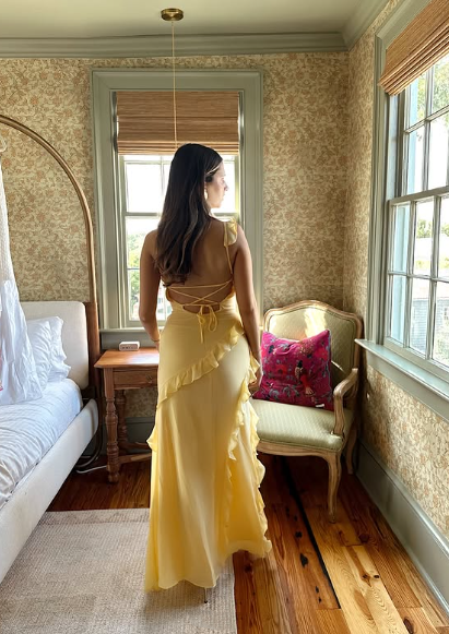 Elegant Yellow Spaghetti Straps Ruffle Slit Prom Dress,Long Party Evening Dress