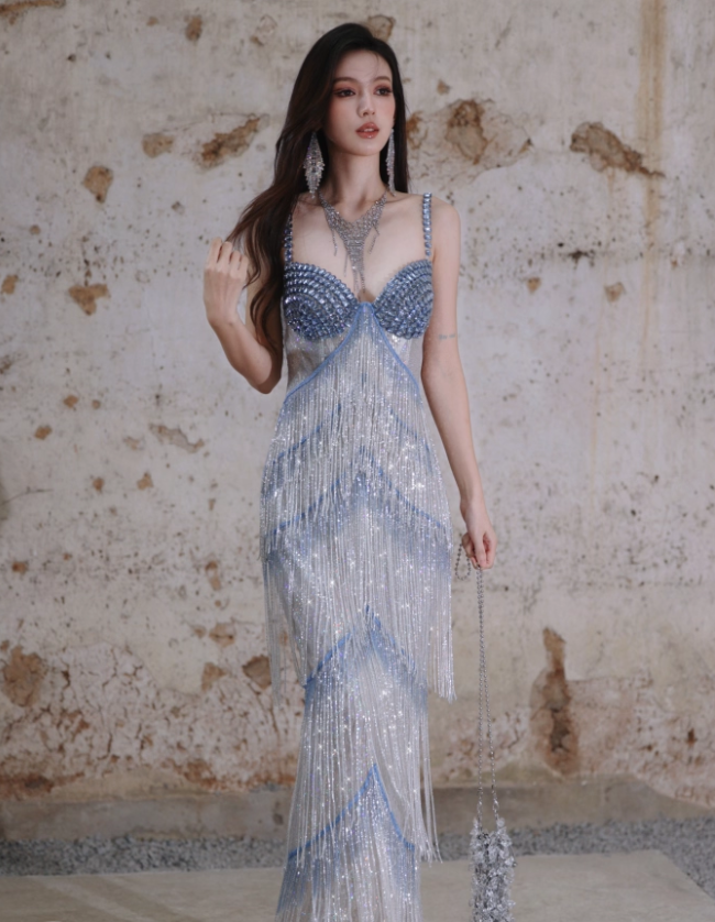 Glitter Spaghetti Straps Sequin Beaded Mermaid Long Evening Dress Birthday Prom Dress With Tassel
