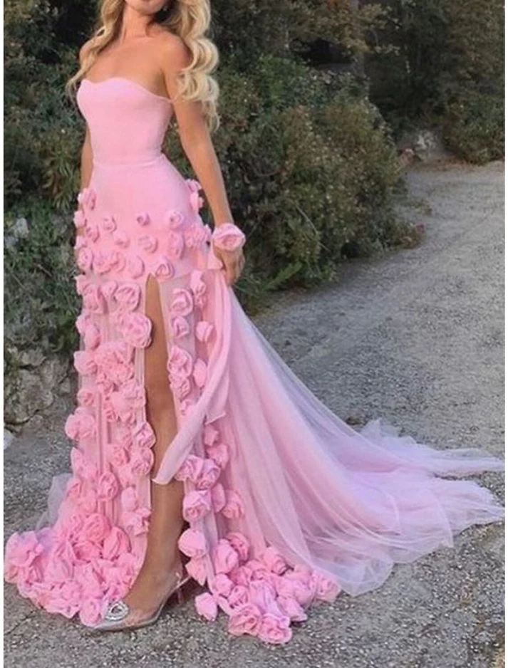 Beautiful Pink Strapless Tulle Rose Flowers Prom Dress Mermaid Slit Evening Dress Wedding Dress