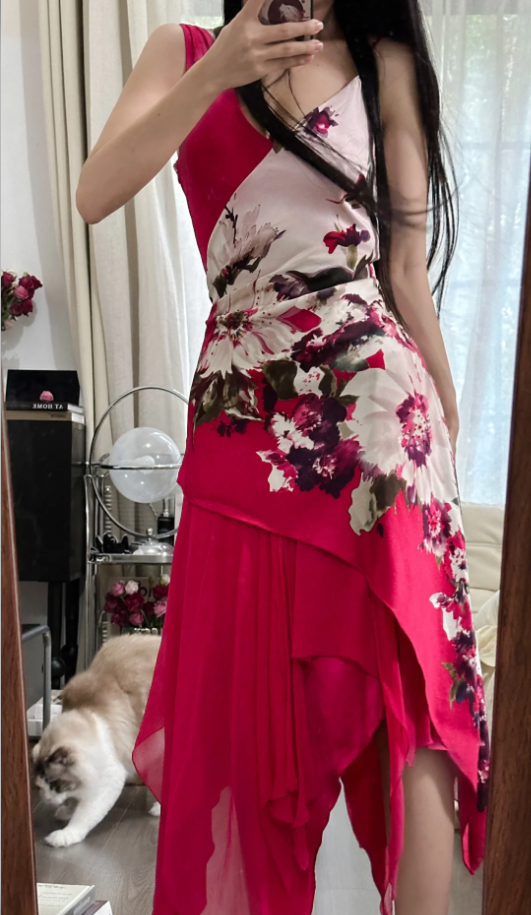 Charming Red V Neck Satin Floral Chiffon Mermaid Long Party Dress Birthday Dress