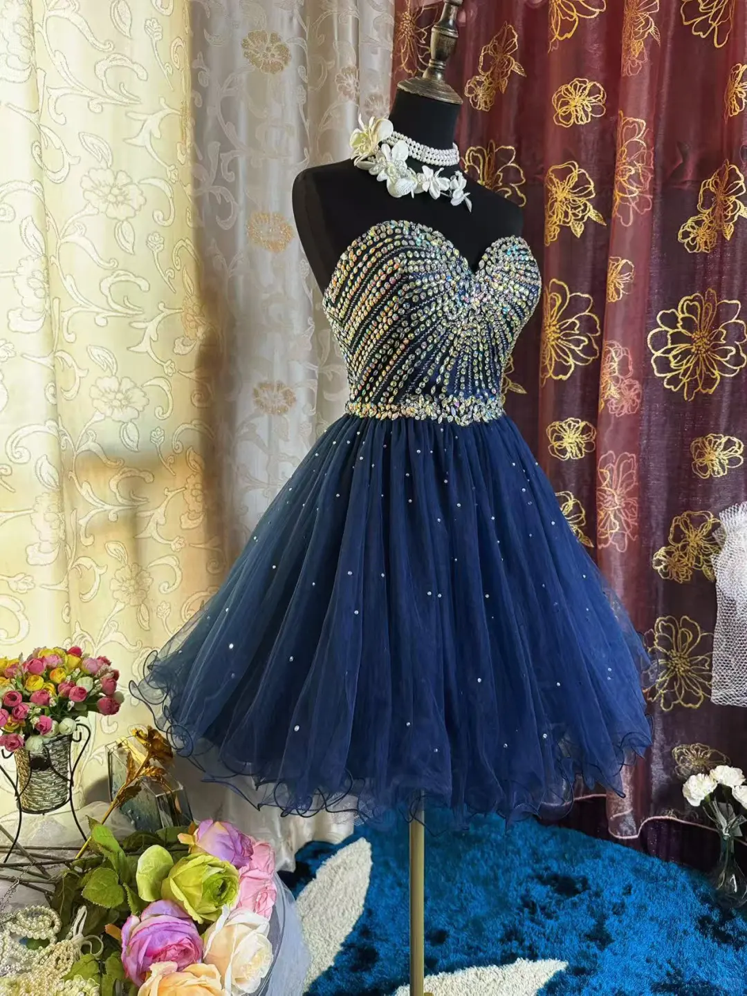 Sparkly Sweetheart Neck Blue Tulle Beaded A Line Short Prom Dress Formal Homecoming Dress