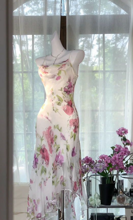 Pretty Spaghetti Straps Chiffon Print Floral Mermaid Evening Dress Long Party Dress
