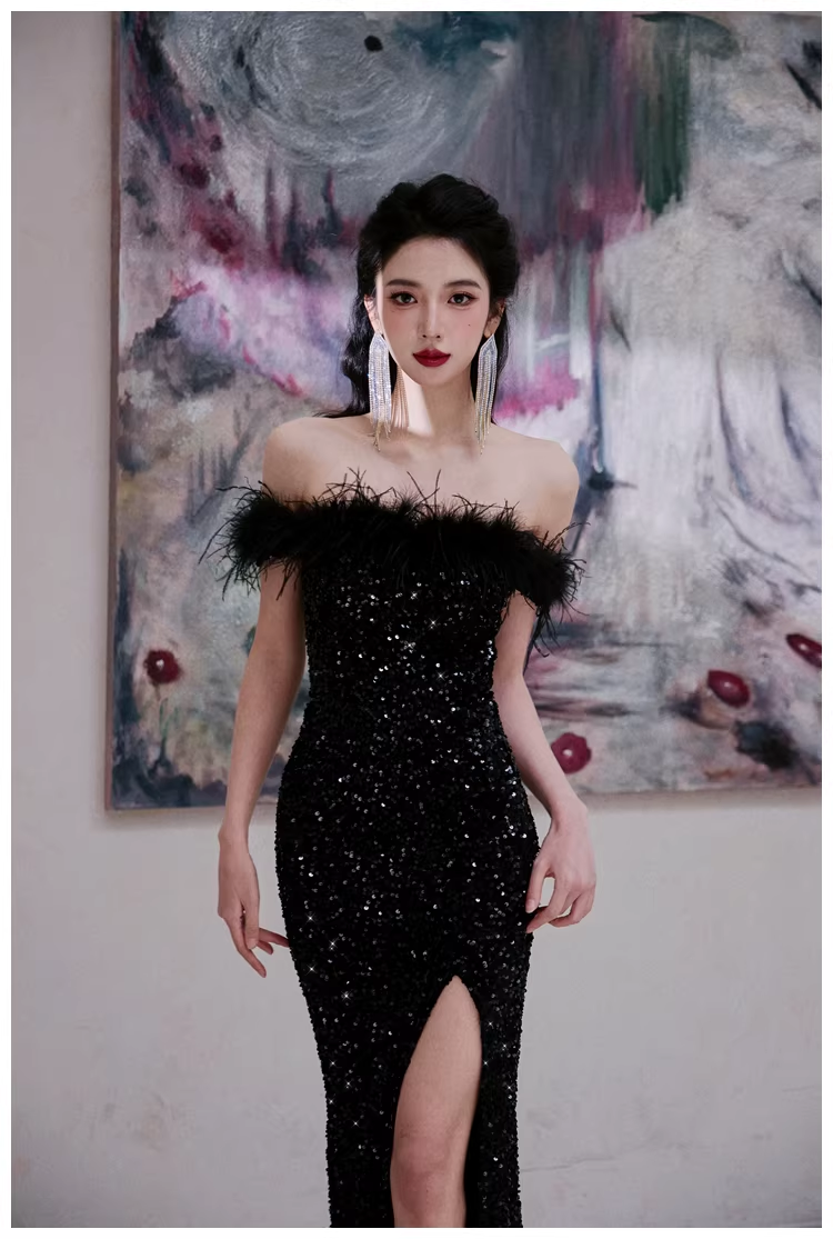 Glamorous Feathers Strapless Black Sequin Slit Mermaid Evening Dress Long Birthday Party Dress