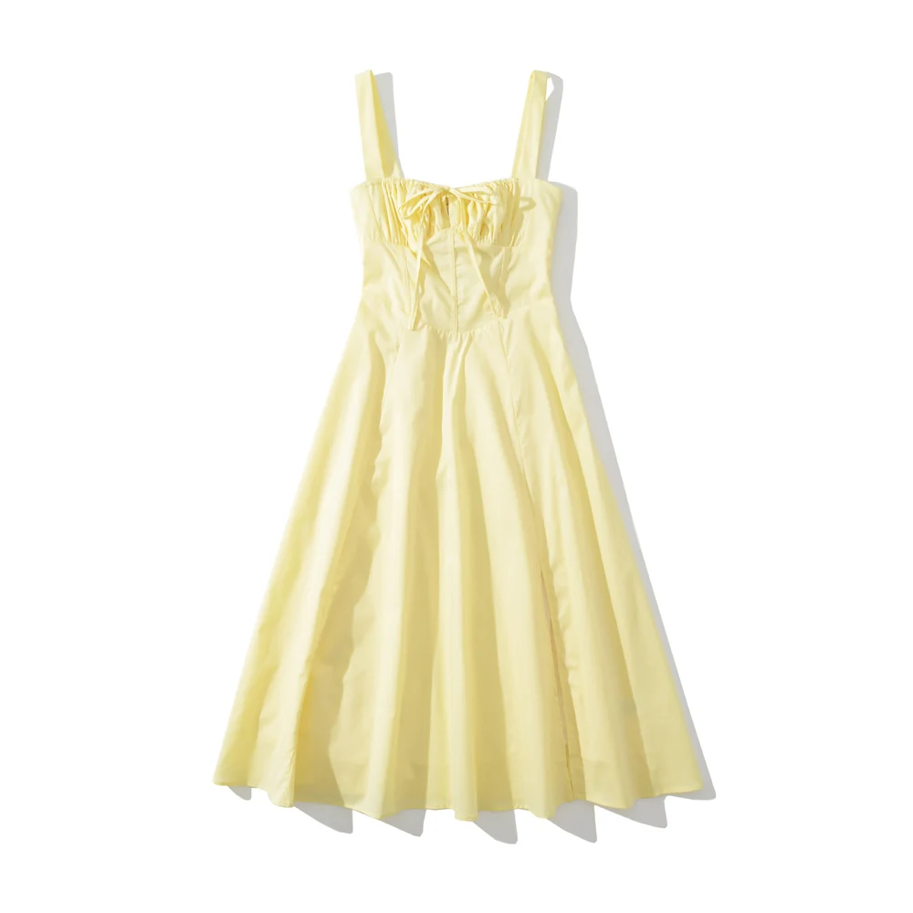 Yellow Ruched Bow Backless Sexy Midi Prom Dress