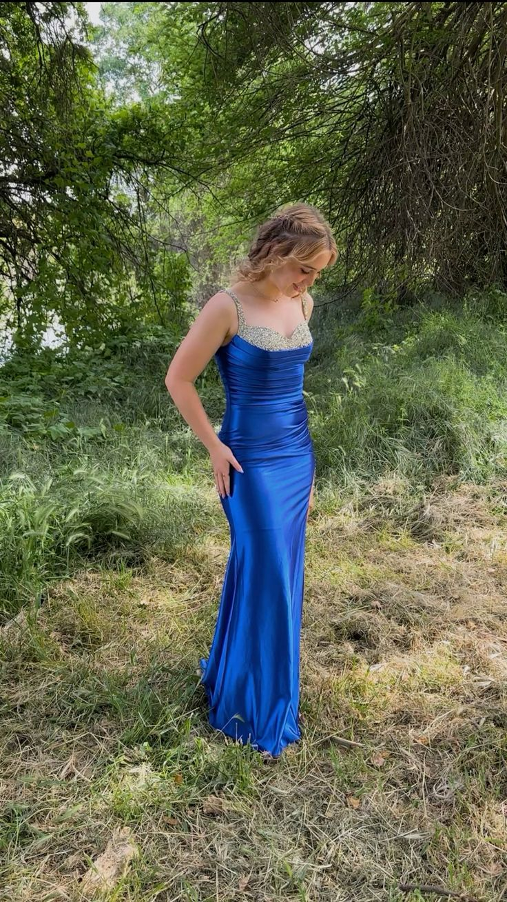 Gorgeous Spaghetti Straps Royal Blue Satin Beaded Mermaid Party Dress Formal Wedding Guest Dress