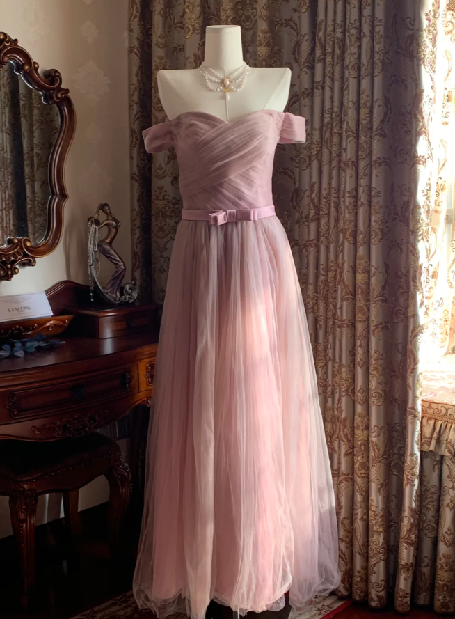 Sweet Pink Off The Shoulder Tulle A Line Long Birthday Party Dress Formal Wedding Guest Dress