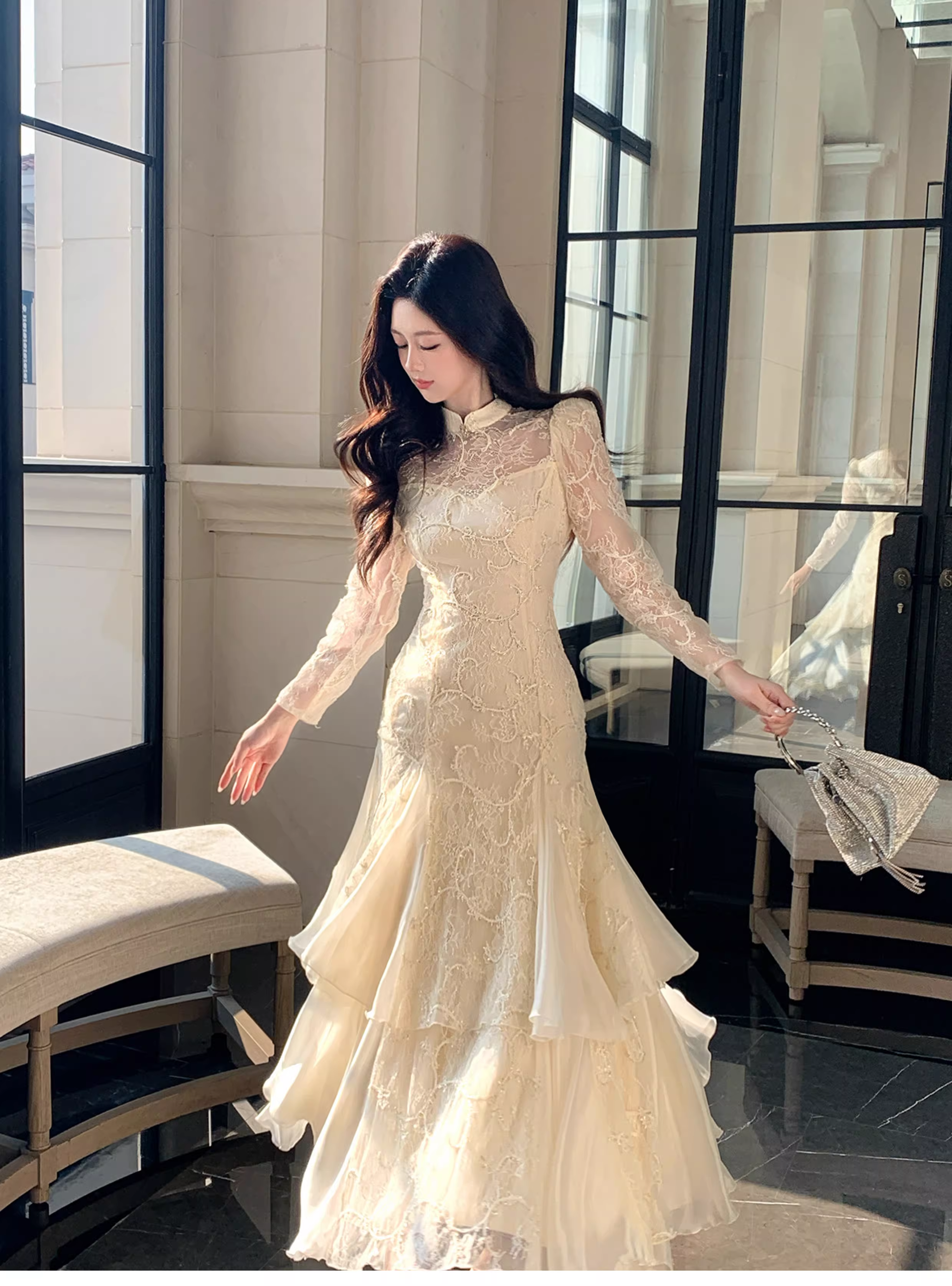 Pretty Beige Tulle Lace Mermaid Long Evening Dress Birthday Prom Dress