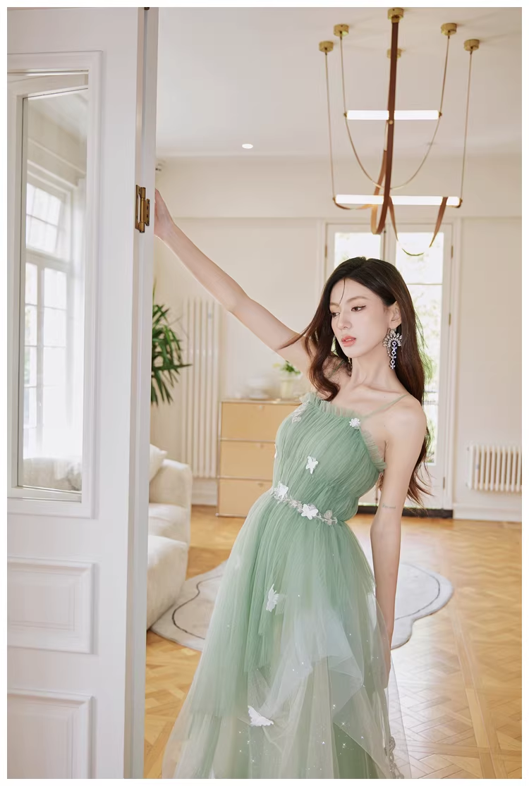 Fairy Green Tulle Sequin Butterfly Applique A Line Birthday Party Dress Evening Dress