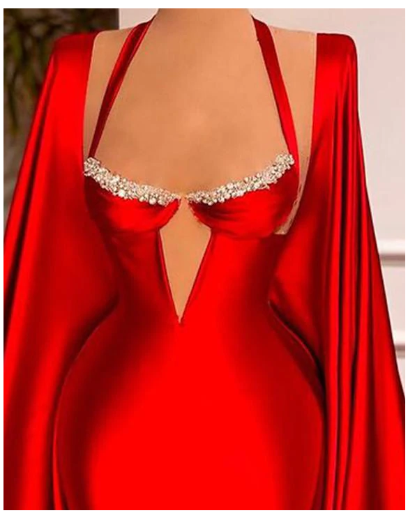 Elegant Red Satin Mermaid Prom Dresses with Long Scarves High Side Formal Evening Gowns