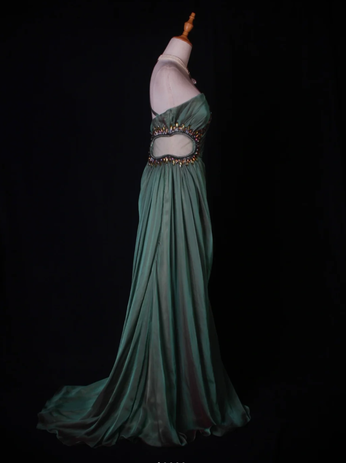 Vintage Green One Shoulder Satin Chiffon Beaded Mermaid Long Evening Dress Birthday Dress